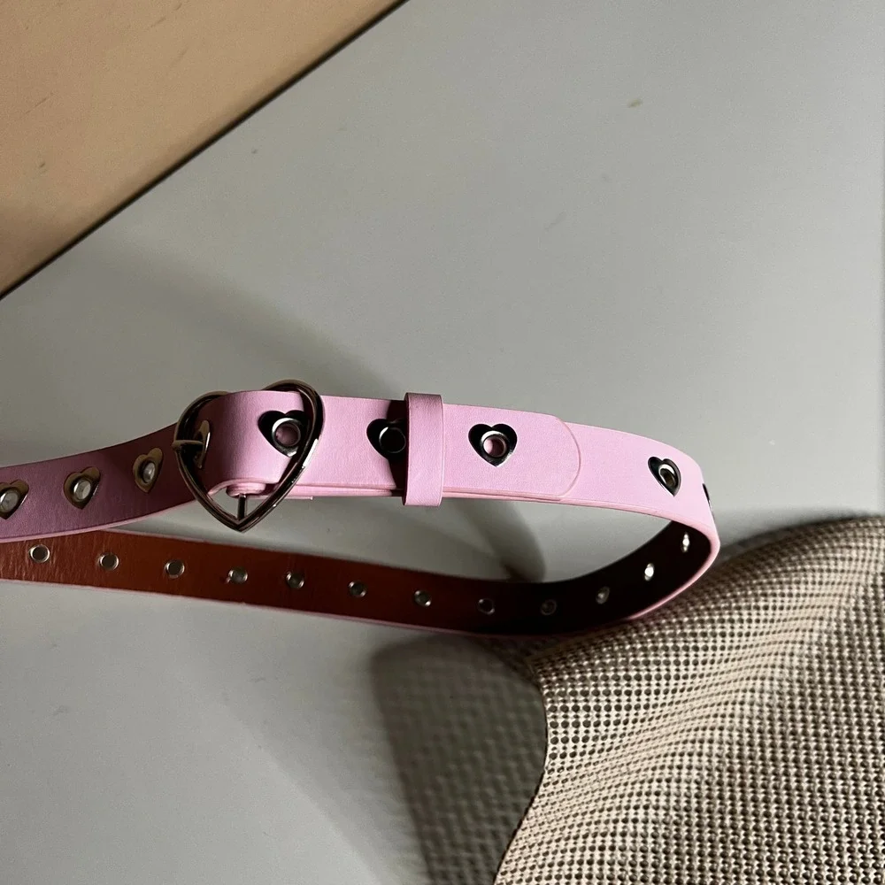 Pink Heart Buckle Belt Silver Heart Grommets Y2K Coquette Faux Leather 40 Inch